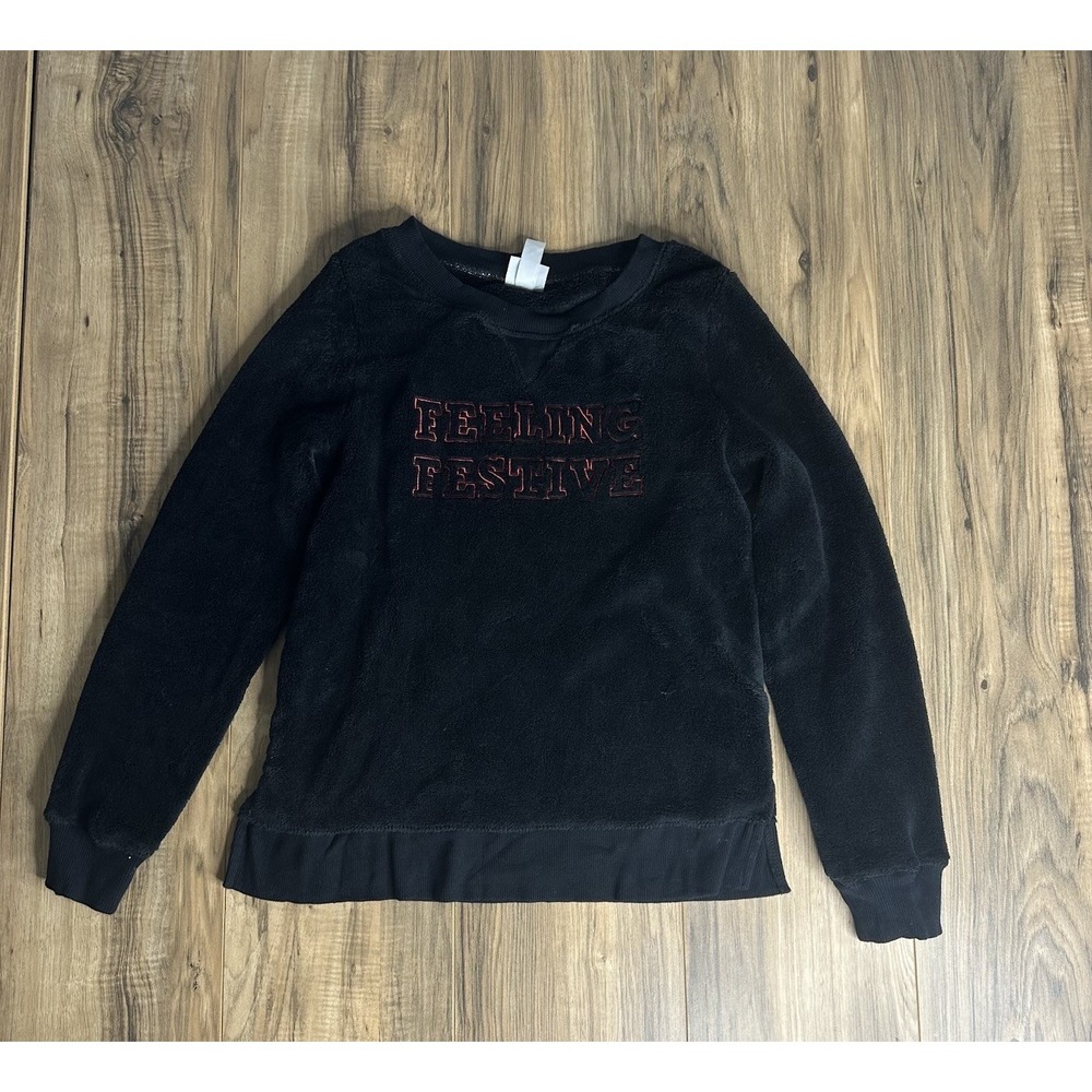 Wondershop Women's Medium Fleece Sweater Black "feeling Festive" Pullover